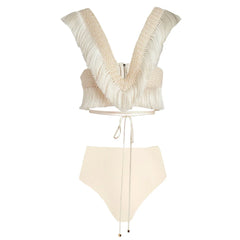 2024 V Neck Fringe Trim Bikini Badeanzug Hohe Taille Bademode mit Rock für Frauen Halter Badeanzüge Druck Sommer Weibliche