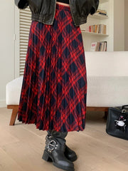 Preppy Style Red Women Plaid Skirts Teen Girls Vintage Autumn Winter High Waisted A-Line Pleated Mid Long Skirt