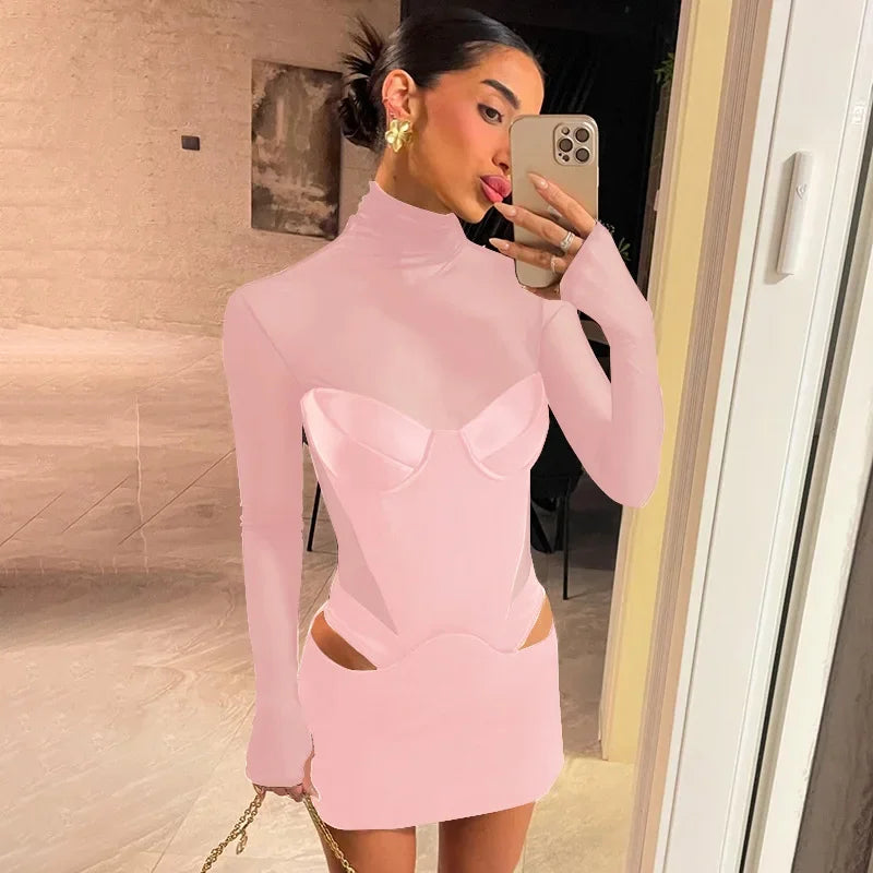 Elegant Mesh Splice Hollow Mini Dress For Women Turtleneck Slim Party Club Outfits Sexy See Through Corset Dress Vestido