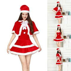 Weihnachtsmann-Kostüm für Damen, Weihnachtskostüm für Erwachsene, Schnürschal, Umhang, rotes Korsett, Kleid und Weihnachtsmannmütze