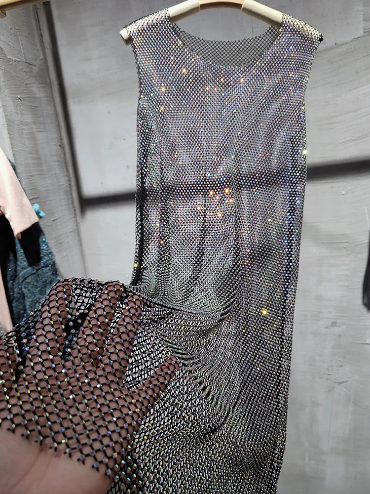 Fishnet Hot Diamonds Mini Dresses For Women 2023 Party Wear See-through Halter Mesh Dress Ladies Club Vestido Femmes