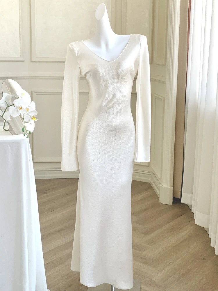 Autumn Satin Long Dresses for Women Wedding Evening Party Dress Prom Robe Solid V-neck Long Sleeves Mermaid One Piece Vestido
