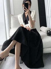 French Elegant Two Piece Sets Vintage Office Lady Puff Sleeve White Crop Top + A Line Black Midi Skirts Suit Retro Summer Outfit
