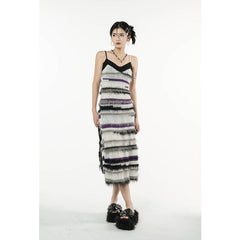 Zurück zur Schule Damen Streifen Strickkleid Frühling Neues langes Hosenträgerkleid Rock Europa und Amerika Mode Streetwear V-Ausschnitt Damenkleid