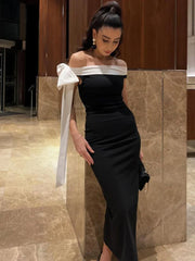 Off-Shoulder Ribbons Maxi Dress Female Fashion Contrast Color Sleeveless Sexy Bodycon Dress Autumn Lady Irregular Dresses
