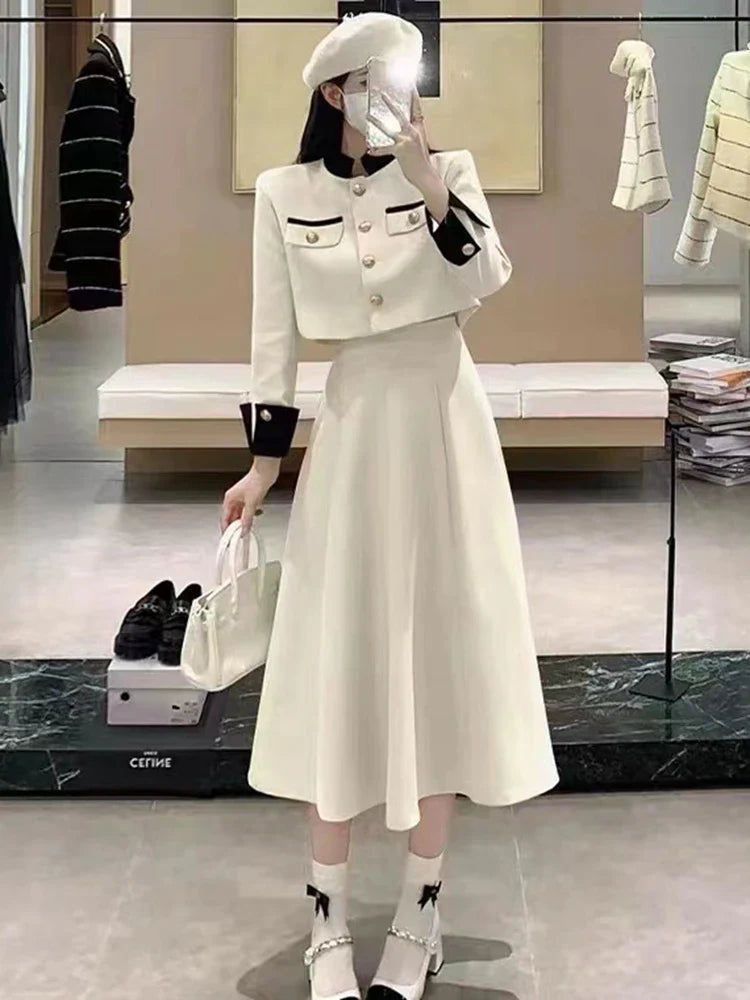 High Quality Small Fragrance Two Piece Set Women Short Jacket Coat + Long Skirt Suits Korean Elegant Fashion OL 2 Piece Sets