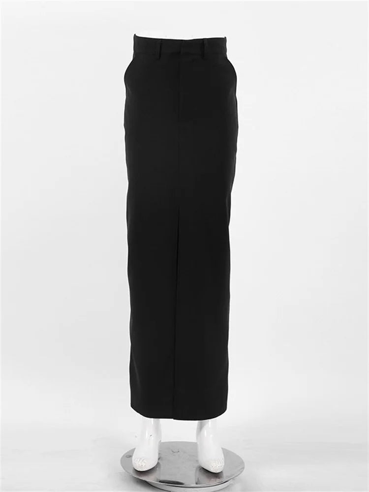 Schwarzer langer Rock für Damen, lässige Streetwear, hohe Taille, schlanke, figurbetonte Röcke, geteilter Damen-Basic-Gerade-Maxirock