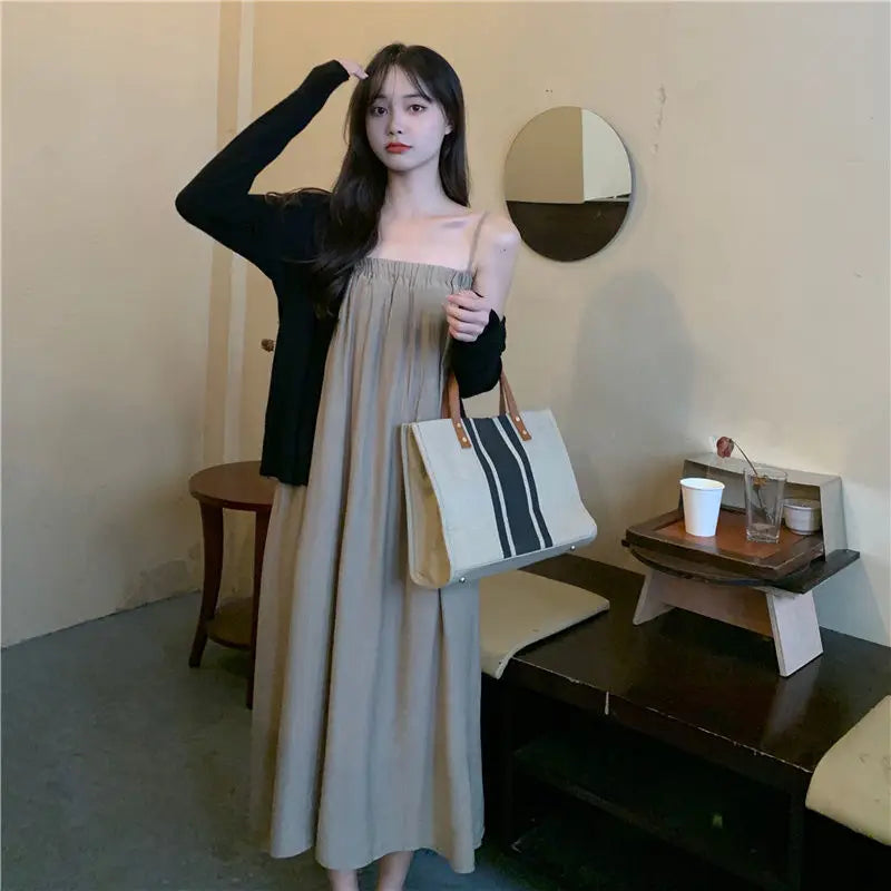 Condole belt dress early autumn the new tender wind small temperament that wipe a bosom skirt dress thin small coat suits emo