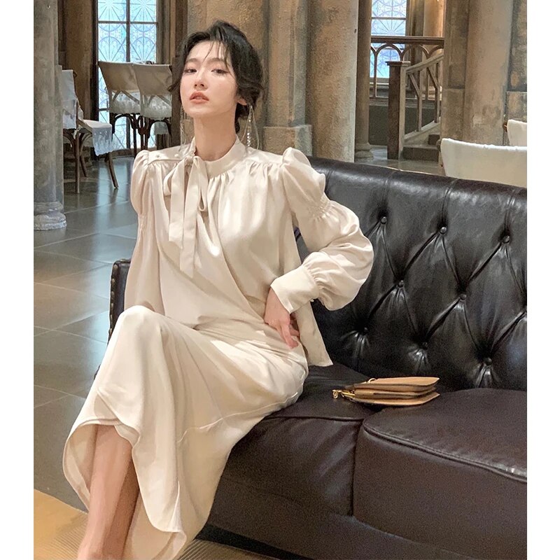 Koreanische Satin Langarm Bogen Top Röcke 2 Stück Set für Frauen Neue Herbst Mode Elegante Abend Party Weibliche Kleidung Anzüge