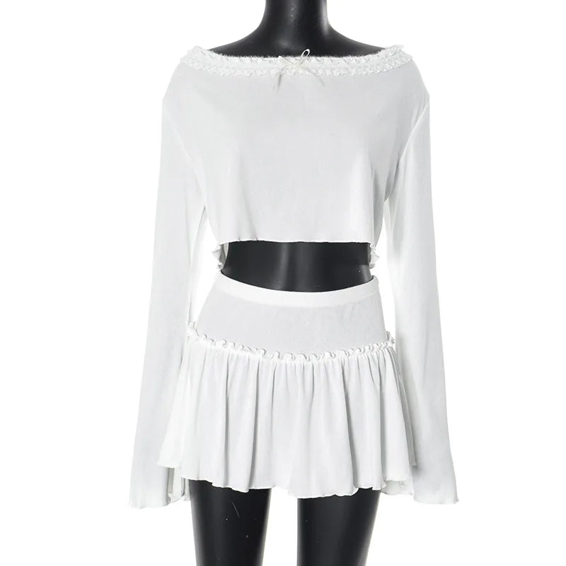 Fashion Female Skirt Suit Lace Bows Crop Top Long Sleeve Low-waist Short Skirt Hot Girl White Navel-Baring Two Piece Sets