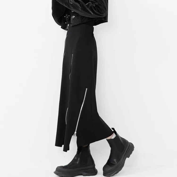 Harajuku Langer Rock Damen Schwarz Hohe Taille A-Linie Reißverschluss Split Unregelmäßige japanische Mode Midi Herbst Streetwear