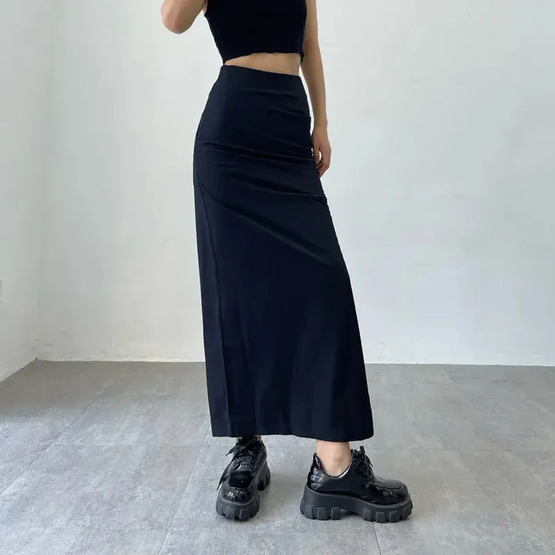 Y2K Women Long Skirts Sexy High Waist Split Summer Skinny Wrinkled Cargo Skirt Casual Streetwear American Style Skirt