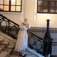 2025 Summer Korean Chic White Midi Dress Women Elegant French Hollow Out Sexy Kawaii Vestidos Fashion Casual Short Sleeve Dress