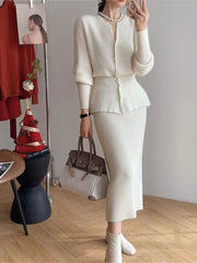 Elegant Skirt Sets Women 2 Piece Outfit 2023 Autumn Winter Solid Long Sleeves Knitted Sweater Skirt Set Korea Fall Outfits 2023