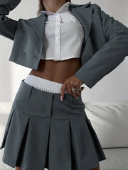 2023 Casual Blazer And Skirt Sets For Women Two Piece Set Outfits Gray Ladies Cropped Coat Blazer Femme 2-Piece Sets New