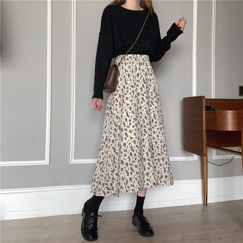 Zurück zum College Vintage Blumendruck A-Linie Plissee Lange Röcke Sommer Damen 2024 Koreanischer Rock Streetwear Kordelzug Elastische Taille Midirock 