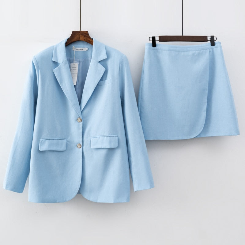 2023 Damenmode Leinen Baumwolle Blazer Rock Anzug Lässige weibliche Kleidung Set