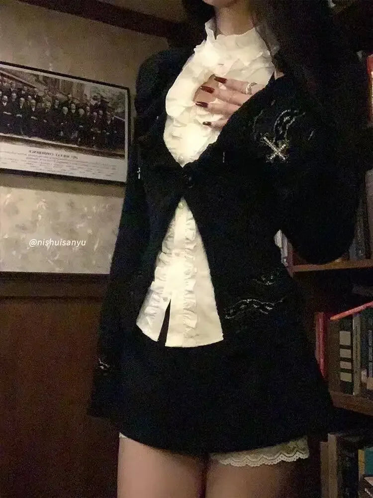 Autumn France Elegant Slim 3-piece Set Women Design Hot Chick Hollow Out Shirt + Long Sleeve Knit Cardigan High Waist Skirt Suit