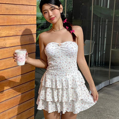 Frill Floral Dress For Women Fashion Backless One-shoulder Splice Strapless Slim Birthday Party Sweet Short Dress Female