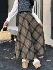 Plaid Skirt Women Maxi Autumn Winter Korean Vintage High Waisted Woolen Skirt Casual Ladies A Line Midi Long Skirts