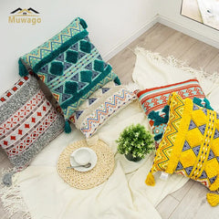 Throw Pillow Cover Bohemian Traditional Culture Ethnic Ornament Floral with Tassels Throw Pillow Covers for  Sofa Home Decor