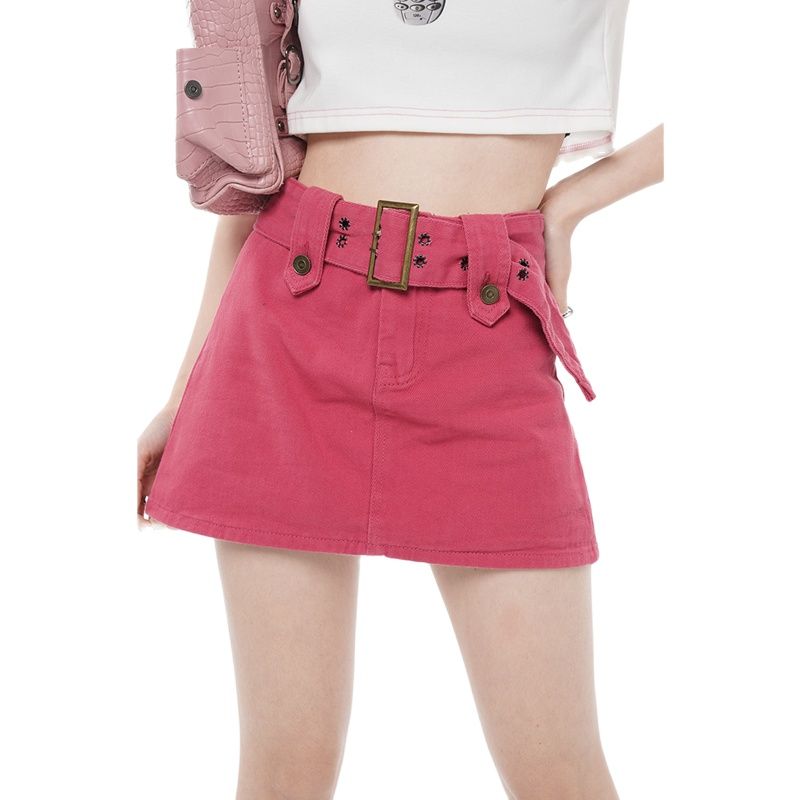 Graduation Gift Women's Vintage Denim Pink Half Body Skirt Korean Fashion Design High Waist Wrap The Buttocks A-Line Short Skirt Ladies Summer