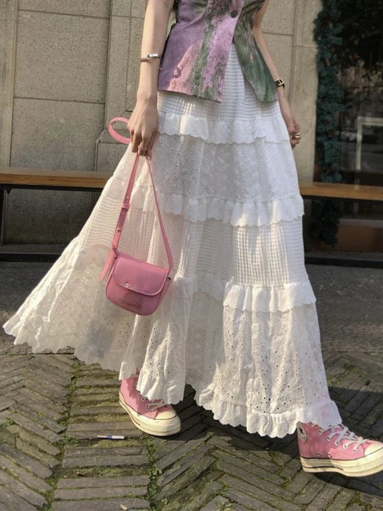Fairycore Weißer Langer Rock Frauen Cutecore Aushöhlen Haken Floral Patchwork Rüschen Hohe Taille A-linie Maxi Rock Mori Mädchen