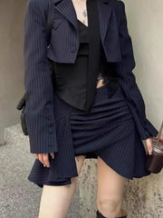 Lapel Neck Long Sleeve Striped Coat Women+ Sexy Slim Fit Irregular Strapless Vest+ High Waist Ruched Skirts Three Piece Sets