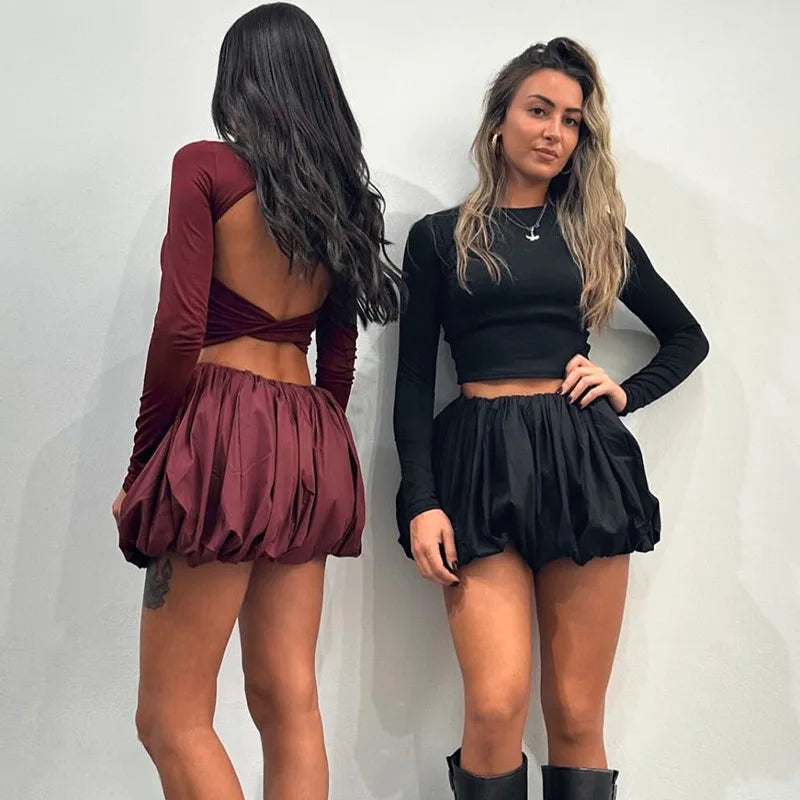 Damenrock Zweiteiler Enges Rückenfreies Twist Crop Top Hohe Taille Knospenrock Eleganter Anzug Solide Dame Herbstmode Neu