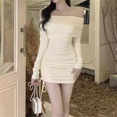 Autumn and Winter New Apricot Off Shoulder Slim Fit Pleated Mini Dress Women's Long Sleeve Sexy Dresses Bodycon Hip Wrap Skirt