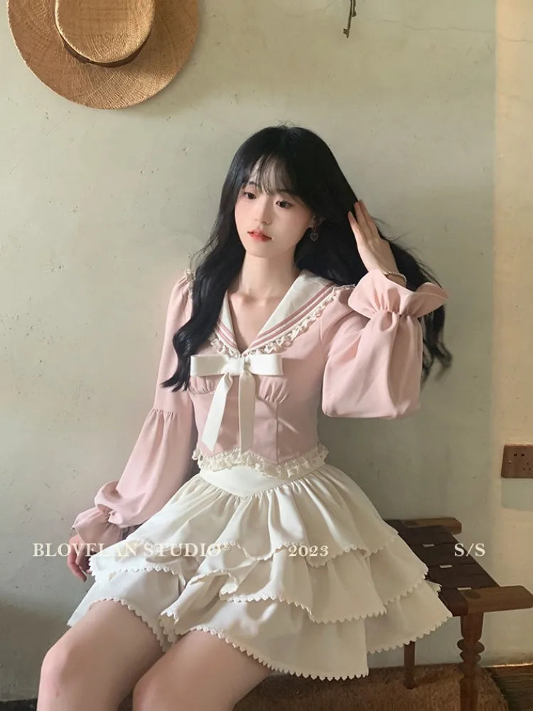 Mode Süße Sailor Kragen Bogen Langarm Tops Frauen + Y2k E-Girl Hohe Taille Rüschen A-linie Röcke Sommer Neue Zwei Stück Sets