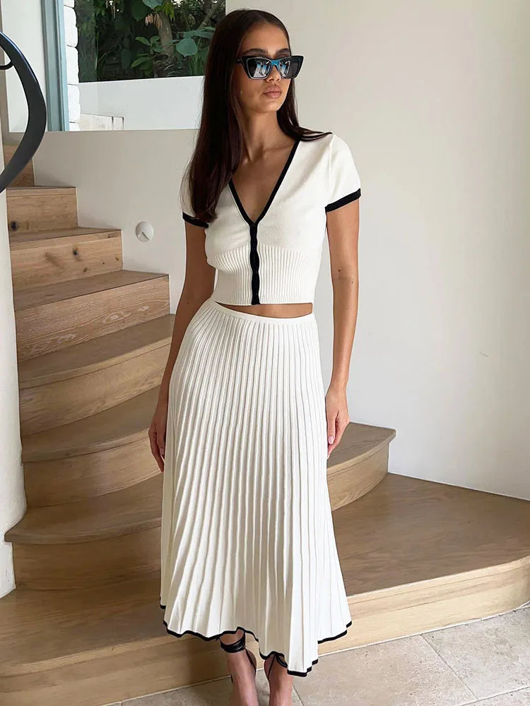 Ruffle Knitted Skirt Sets Women Summer Deep V Neck Crop Tops Female Holiday Elegant Dress Sets 2 Piece Womens Outfits New