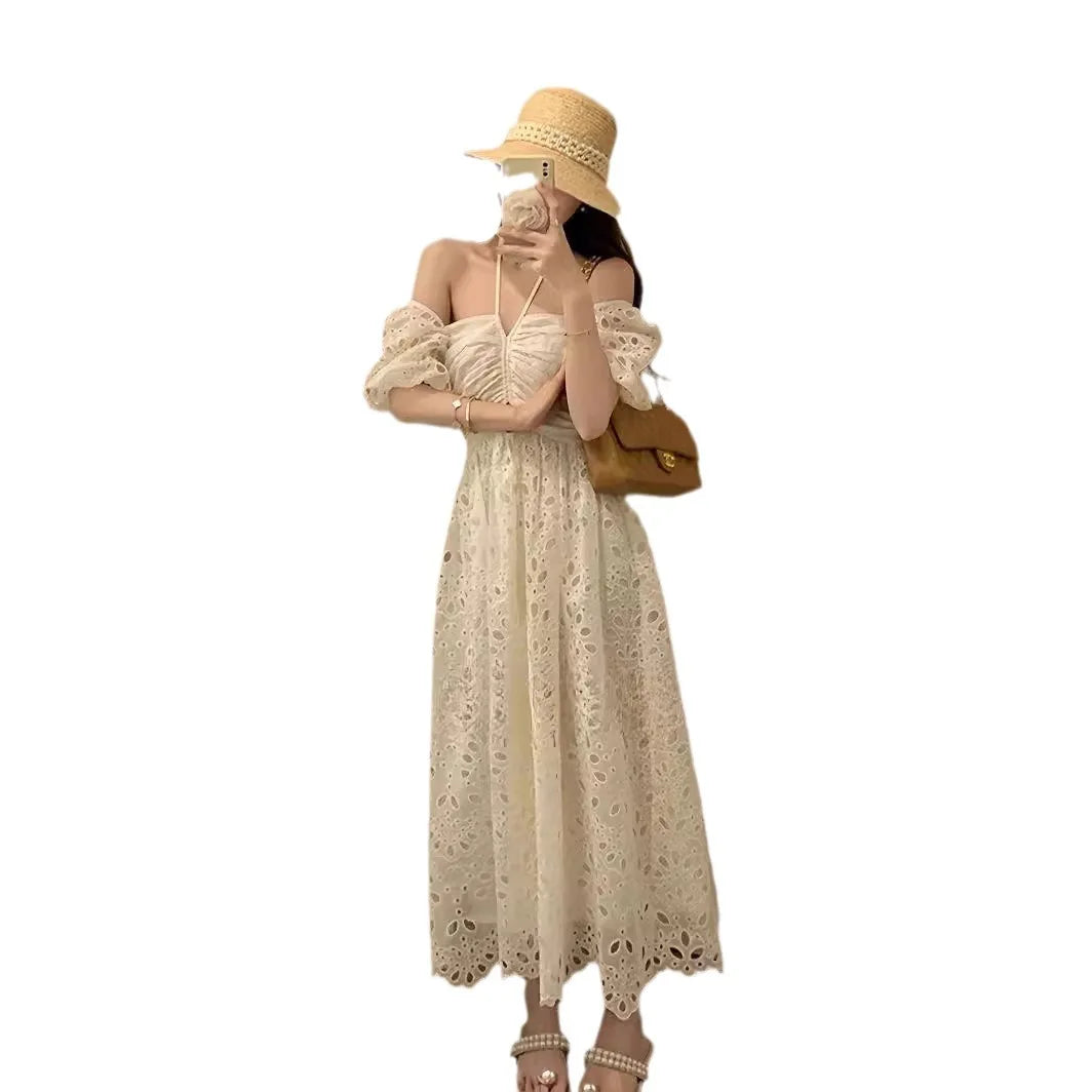 2025 Summer Korean Chic White Midi Dress Women Elegant French Hollow Out Sexy Kawaii Vestidos Fashion Casual Short Sleeve Dress