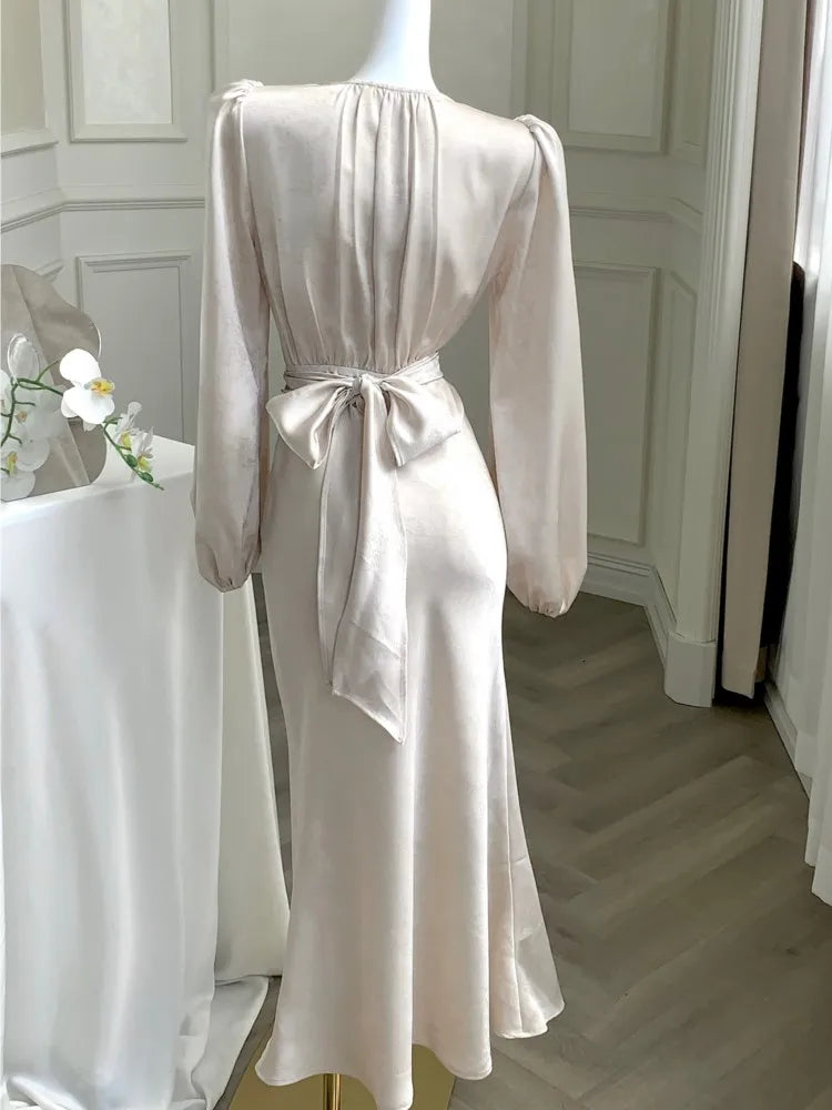 Elegante Satin-Midikleider für Damen, Laternenärmel, V-Ausschnitt, Schnürung, figurbetont, Meerjungfrau, Abendkleid, Partykleid, Robe, Herbst, Vestidos Neu