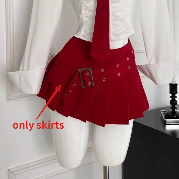 Simple Slim Fit Lapel Neck Long Sleeve White Shirts Women+ Y2k High Waist Ruched Skirts 2024 Early Autum New Two Piece Sets