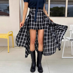 Fashion Vinage Black Plaid Skirts Y2k E-Girl High Waist Lace Uo Skirt for Women 2024 New Irregular All-match Faldas Mujer