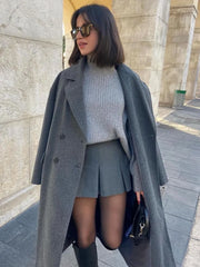 Grey Wide Pleated Mini Shorts Skirts High Street Stripe American Retro Solid Vintage Blogger Sexy  Woman