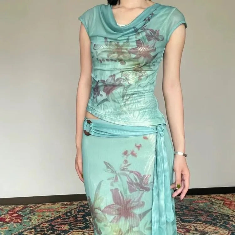 Vintage Dünne Mode Druck Oansatz Kurzarm Tops Frauen + Y2k Schlanke Taille Bodycon Röcke 2024 Sommer Neue Zwei Stück sets