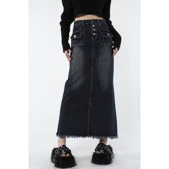 Frauen Blue Denim Halbkörperrock Farbverlauf Hohe Taille Lässig Koreanische Mode Mittellange Unterteile Baggy Vintage Weiblicher Langer Rock