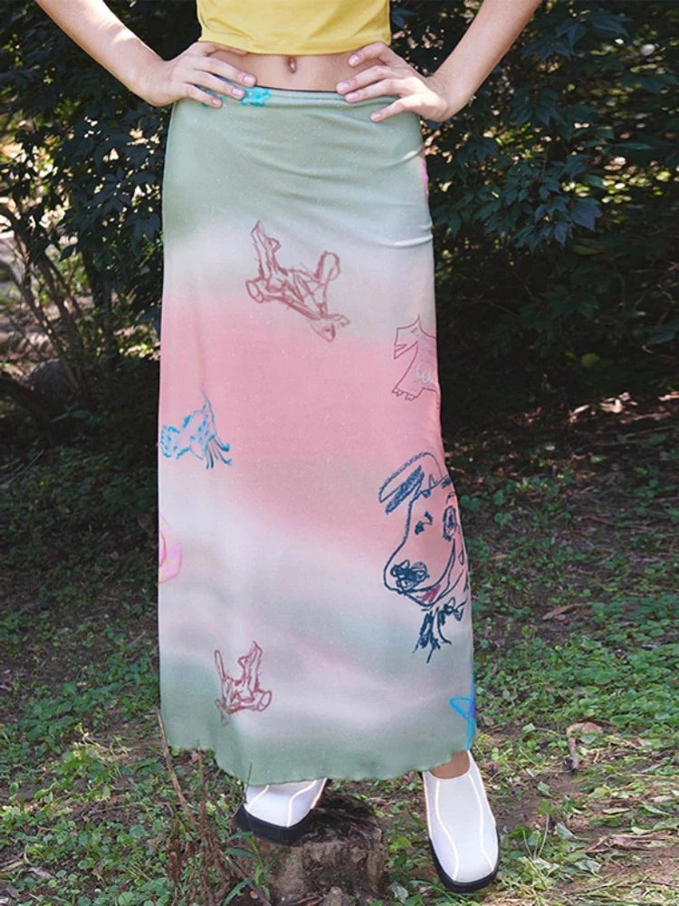 Cartoon Print Long Skirt Summer Kawaii Harajuku Sweet Satin Skirts for Women Casual Fashion Y2k Elegant Ladies Clothes