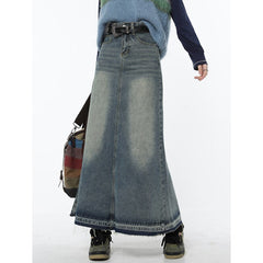Back to school Women Blue Denim Half Body Skirt Gradient High Waist Tassels Casual Korean Mid Length Bottoms Baggy Vintage Female Long Skirt