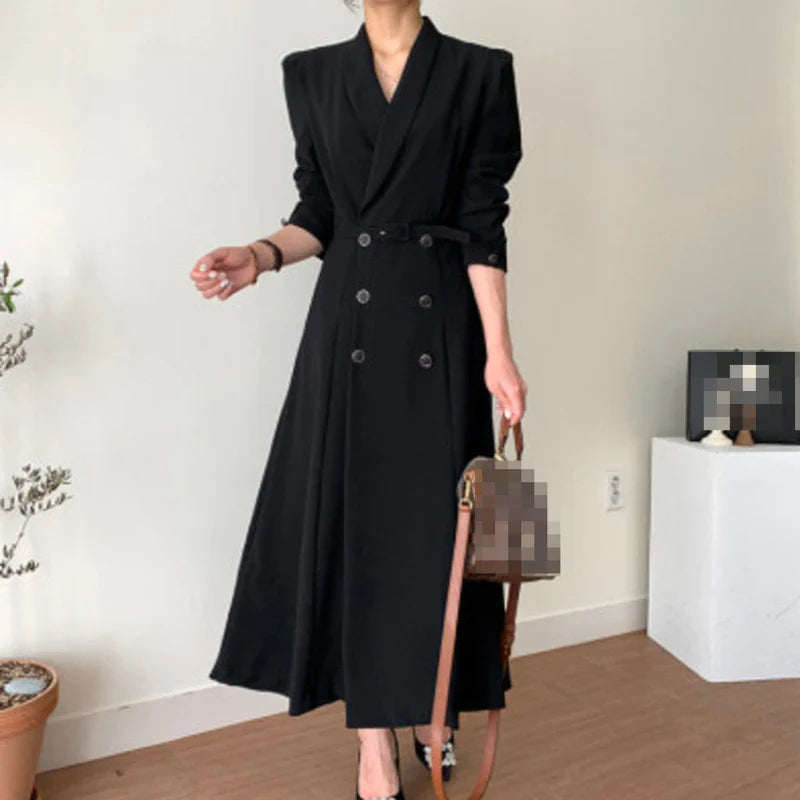 Damen Frühling Herbst Casual A-Linie Midi Weißes Hemdkleid Langarm Elegant Schlanke Taille Vestidos Weibliche Mode Schwarze Kleidung