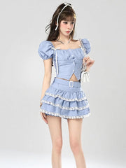 Lolita Kawaii Zweiteiler Frauen Spitze Vintage Süße Kuchenrock Set Weibliche Blase Ärmel Korean Fashion Minirock Anzug 2023 Neu