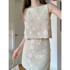 2024 New Patchwork Floral Two Piece Sets For Women Round Neck Sleeveless Vest High Waist Mini Skirt Casual Set Female