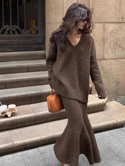 Koreanischer gestrickter 2-teiliger Rock-Set für Damen mit V-Ausschnitt, Pullover, Fischschwanz, Midirock, lässige Mode-Outfits für Herbst und Winter