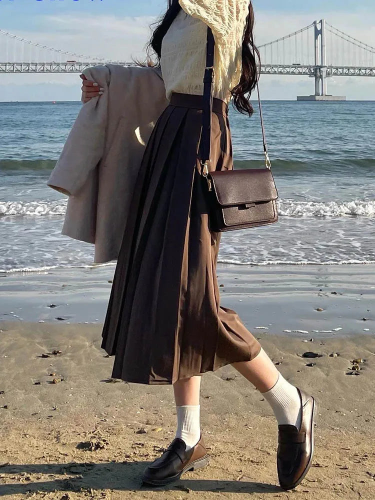 Long Skirt Brown 2024 Summer Korean Fashion High Waist Black Midi Skirt Women Elegant A Line Girls Pleated Skirts Gray Spring