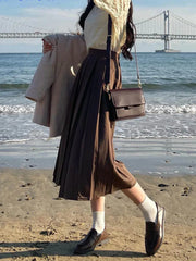 Long Skirt Brown 2024 Summer Korean Fashion High Waist Black Midi Skirt Women Elegant A Line Girls Pleated Skirts Gray Spring