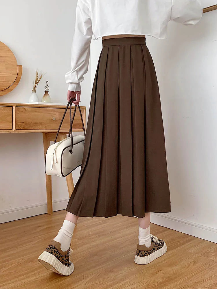 Long Skirt Brown 2024 Summer Korean Fashion High Waist Black Midi Skirt Women Elegant A Line Girls Pleated Skirts Gray Spring