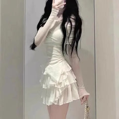 Sweet Sexy Slash Neck Sun Protection Mesh Tops Women+ Y2k E-Girl High Waist Ruched Cake Skirts Summer New Two Piece Sets