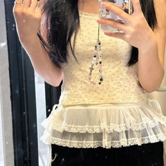 Double Layered Lace Ruched Puffy Skirts 2024 Summer New White Skirt for Women Y2k E-Girl High Waist  Up Faldas Mujer